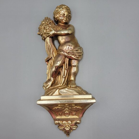 Vintage Syroco Gold Cherub Wall Shelf Sconce Flowers Design Made In USA 7140 - Picture 1 of 8